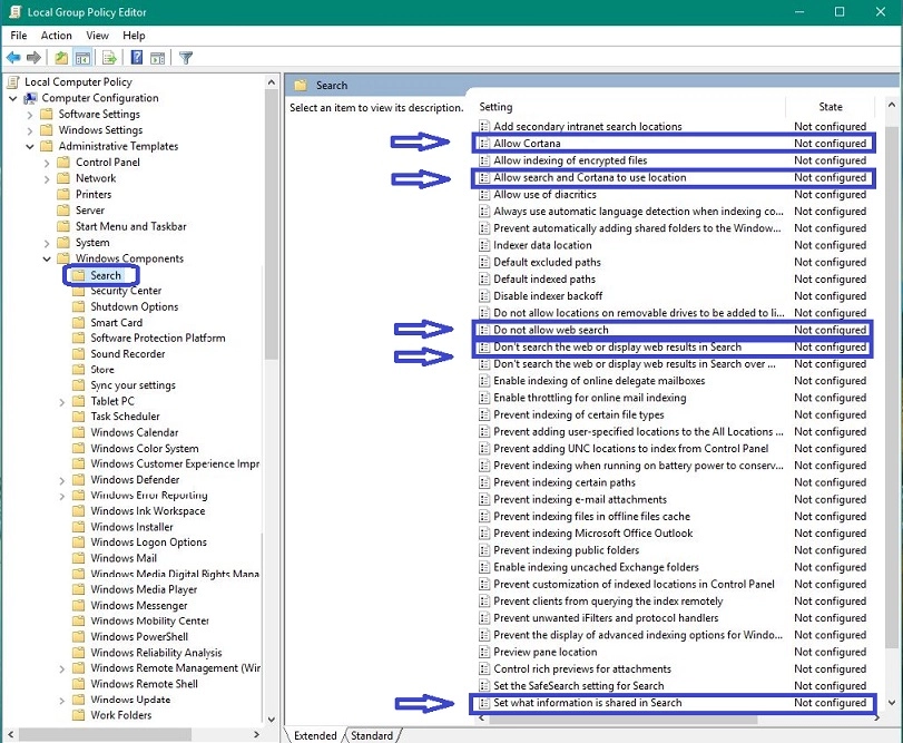 Giao diện Group Policy Editor với mục Allow Cortana được chọn và thiết lập thành Disabled